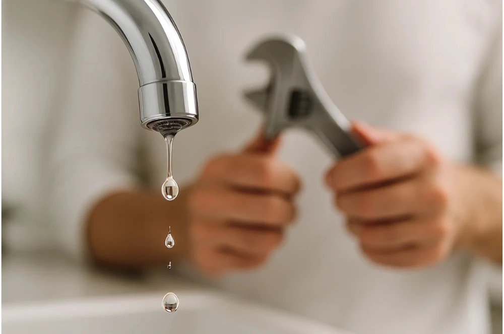 Hình ảnh giọt nước đang rỉ từ vòi và một người đang chuẩn bị dụng cụ để tự sửa vòi nước tại nhà.