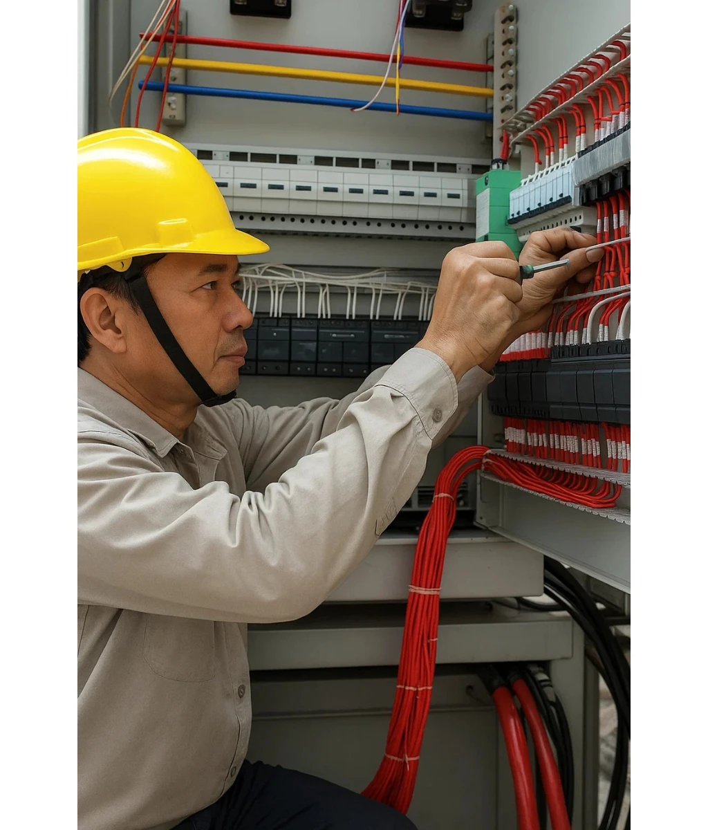 Kỹ thuật viên Điện Nước Phúc Lâm trong quy trình thi công, lắp đặt tủ điện chuyên nghiệp tại Hải Phòng, đảm bảo an toàn và đúng kỹ thuật.