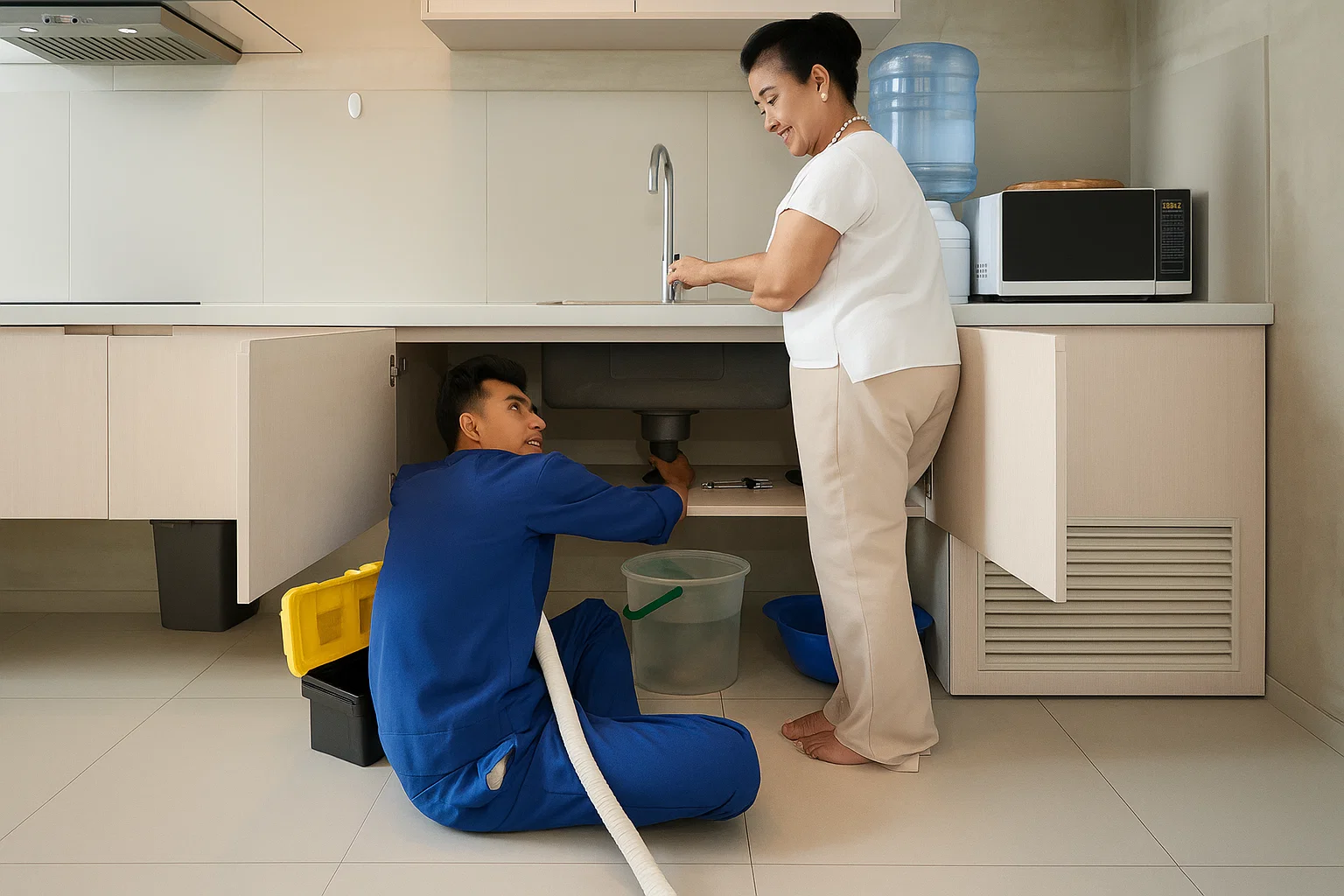 Thợ sửa ống nước của Điện Nước Phúc Lâm đang sửa chậu rửa cho khách hàng tại nhà ở Hải Phòng.