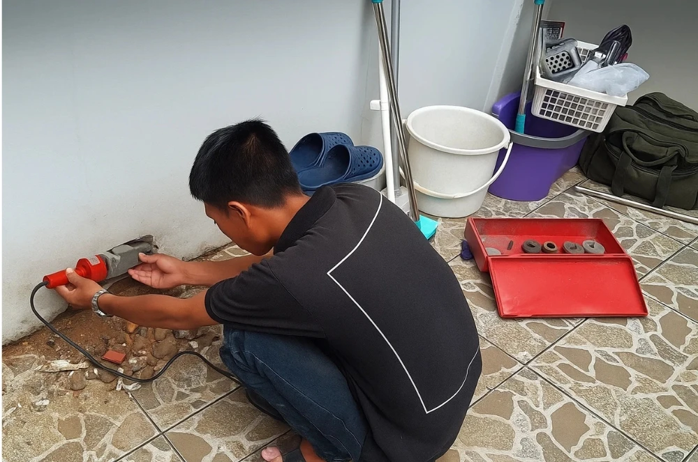 Kỹ thuật viên Điện Nước Phúc Lâm sử dụng máy siêu âm dò tìm rò rỉ nước ngầm tại Hải Phòng
