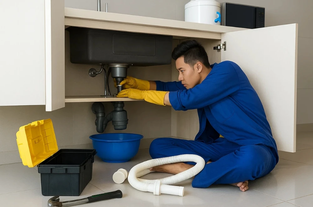 Cận cảnh tay thợ sửa nước tại Hải Phòng đang dùng mỏ lết để khắc phục sự cố rò rỉ vòi nước lavabo.