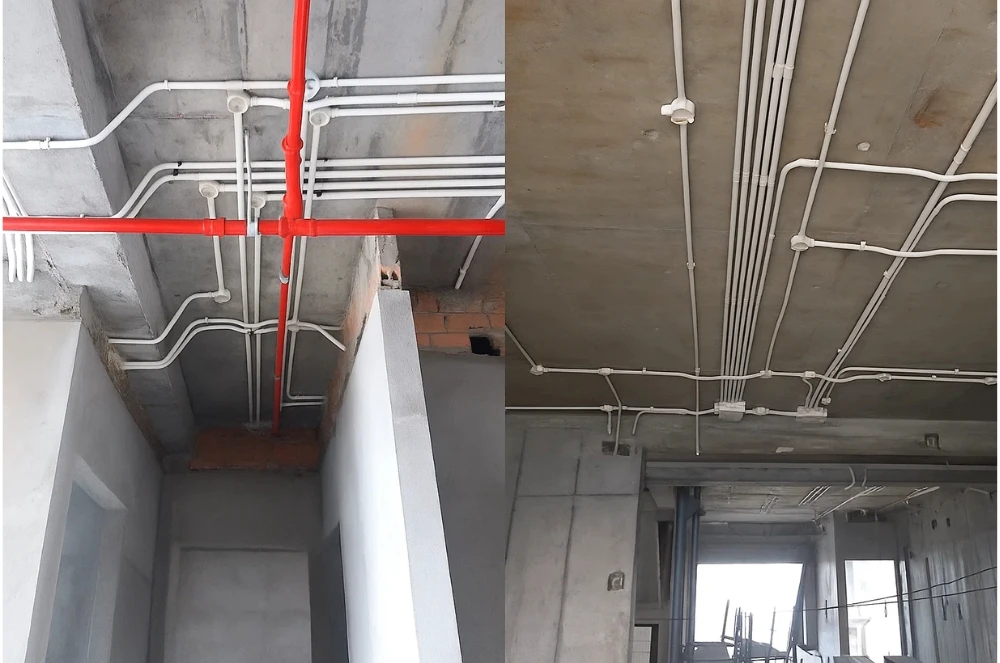 Hệ thống đường điện và PCCC được thi công đi nổi trên trần bê tông một cách ngay ngắn, chuyên nghiệp tại công trình ở Hải Phòng.